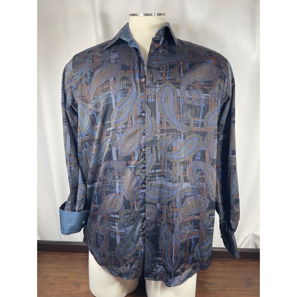 Mizumi Collezioni Shirt Mens LG Button Up Blue Paisley Design Long Sleeve